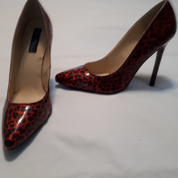 Highest Heel Collection Sparkly Red with Black Leopard Print Pumps size US 14 - Picture 3 of 6